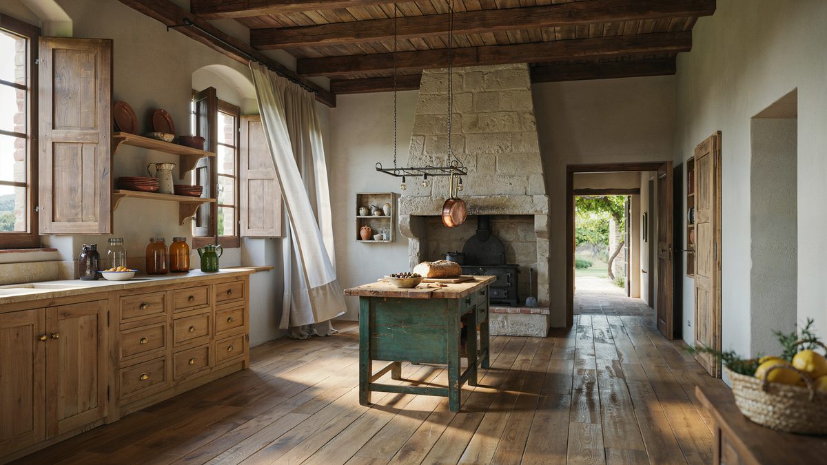 Weathered green worktable centered in a beamed Italian kitchen with a stone hearth