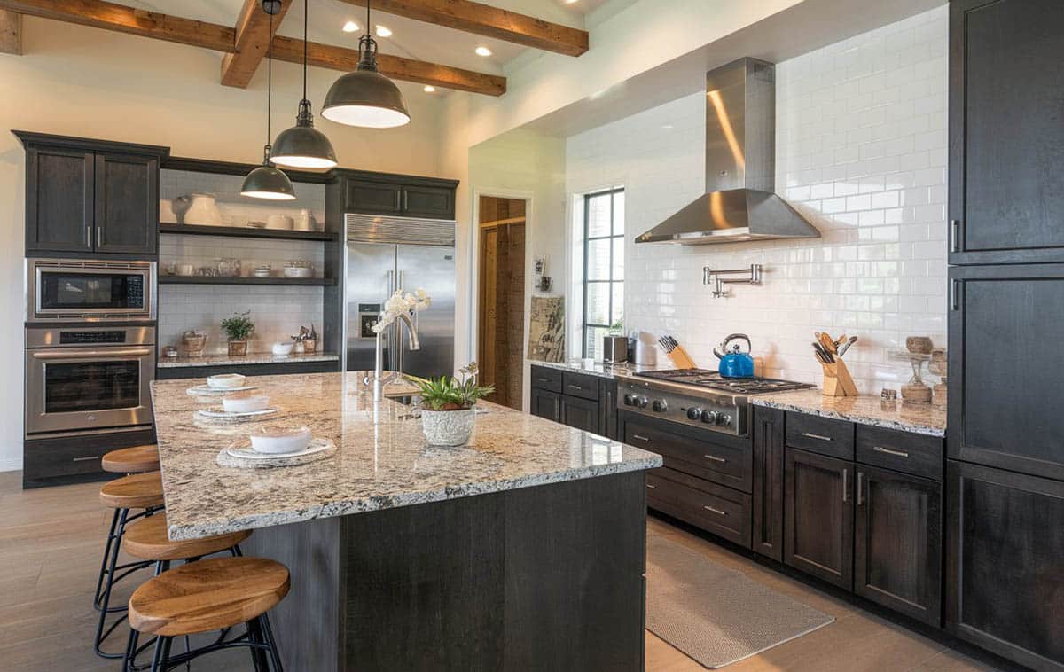 Kitchen with African rainbow granite with dark cabinets