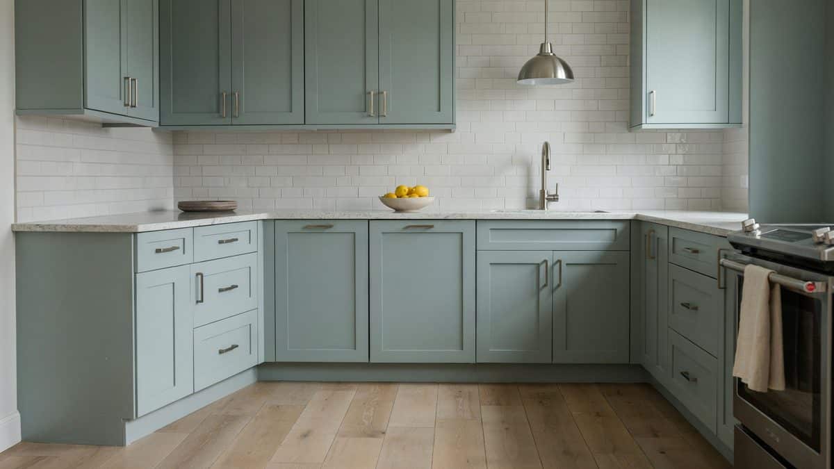 Blue green flat panel cabinets against white subway tile and pale granite counters