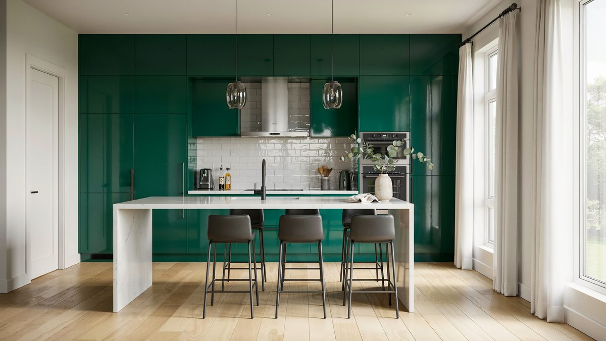 Emerald high gloss slab fronts with a white quartz waterfall island and stools