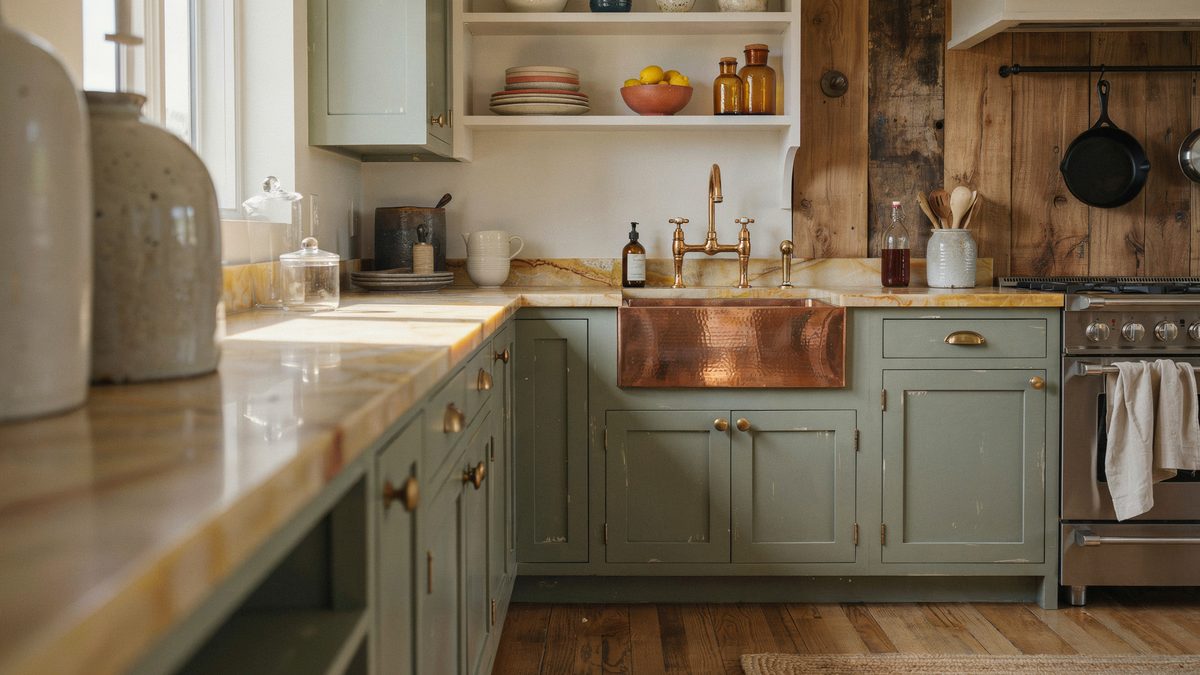Distressed sage cabinets with a hammered copper apron sink and aged brass bridge faucet