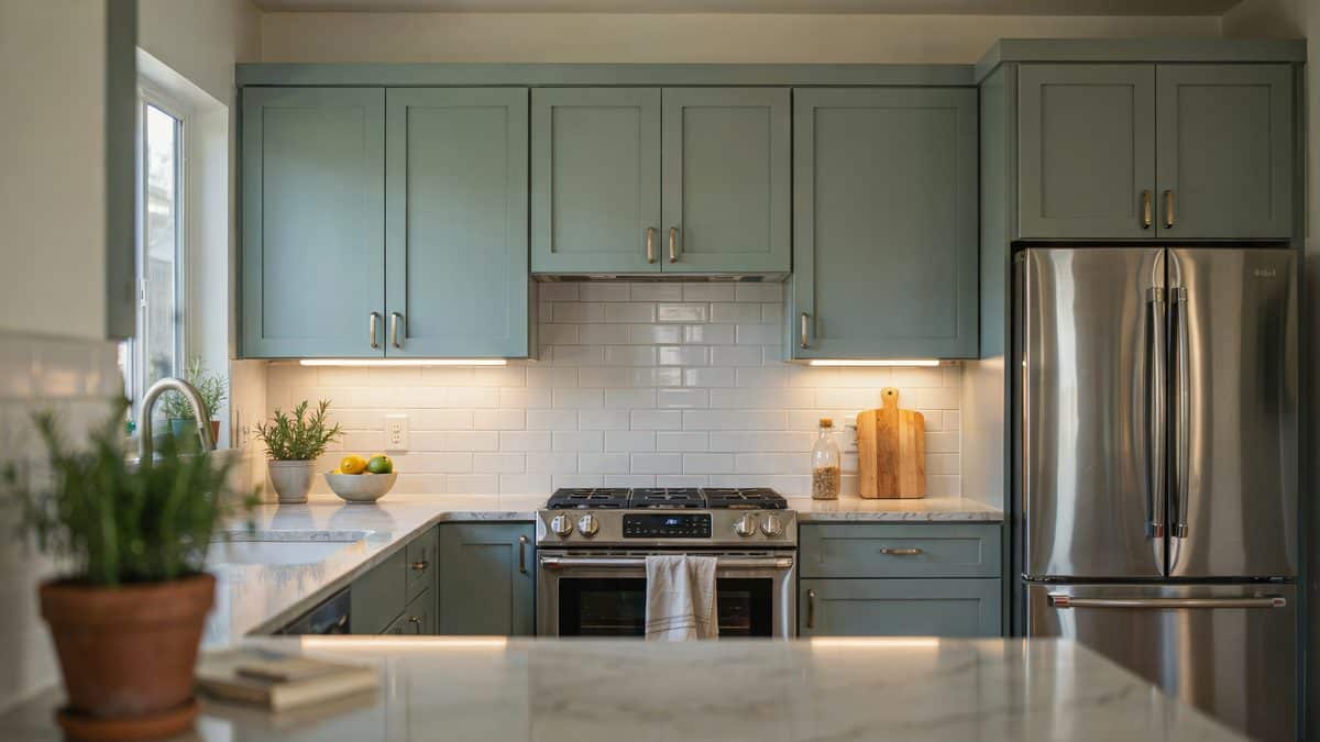Sage shaker cabinetry framing a stainless range and refrigerator under warm task lighting