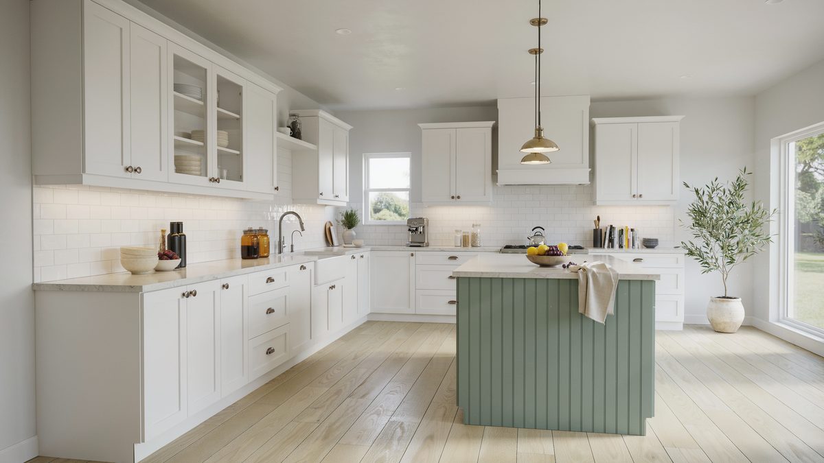Seafoam beadboard island anchoring an L shaped kitchen with white shaker cabinets