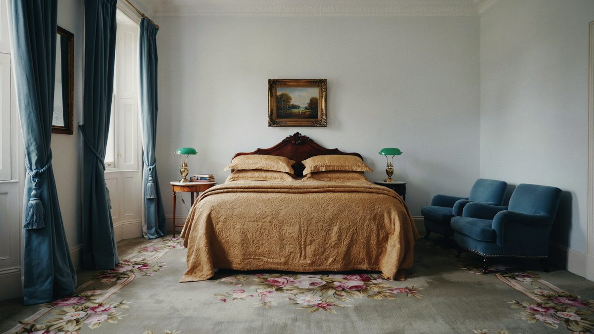 White walls with blue velvet drapes, floral carpet and gold brocade bedding