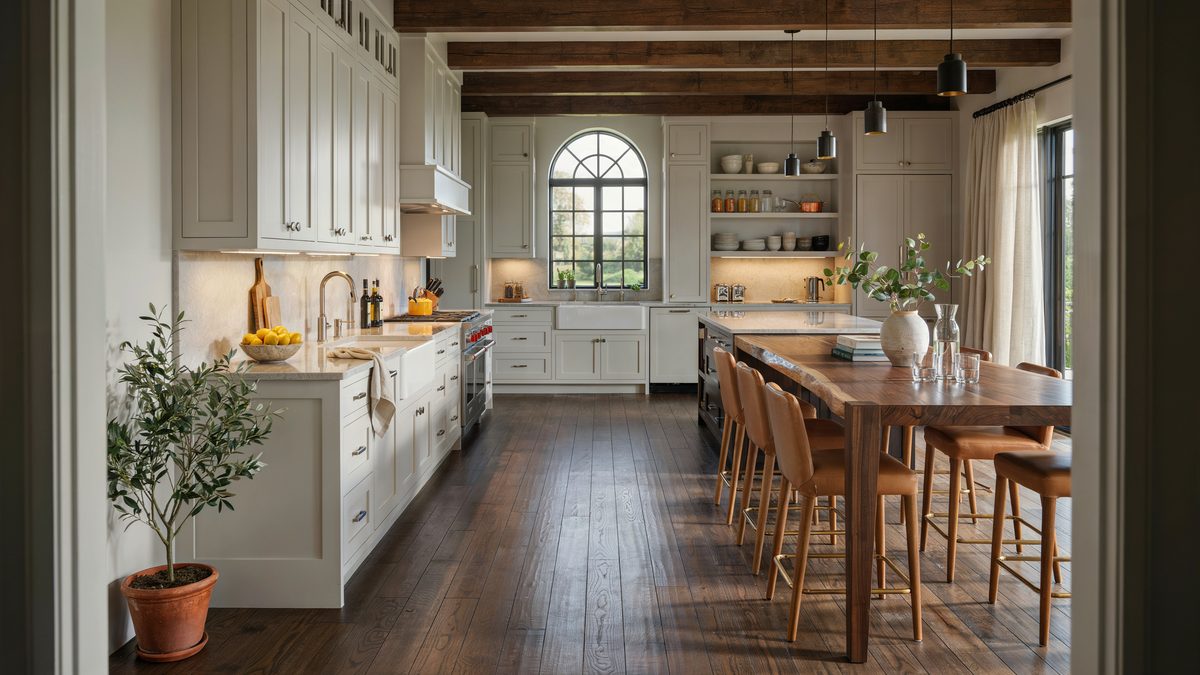 Long wood dining island seating six beside a white prep island