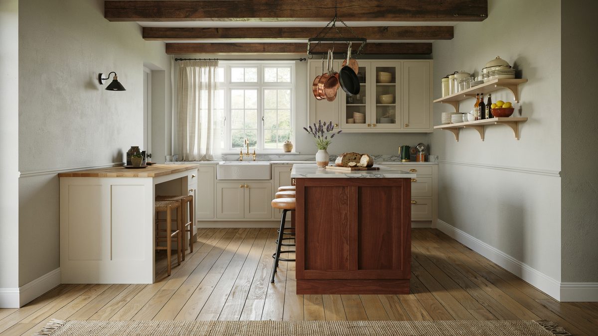 Cream cabinets beside a deep mahogany island under weathered ceiling beams