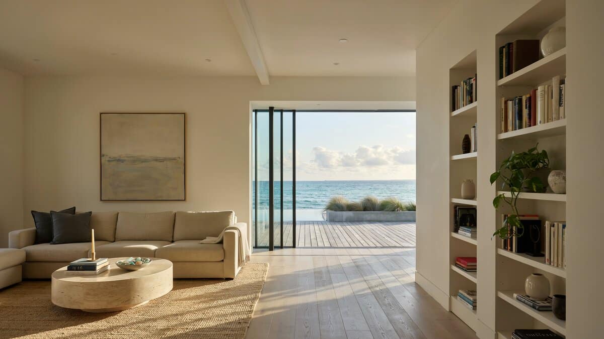 Living room with ocean view and high ceiling with door to outdoor patio