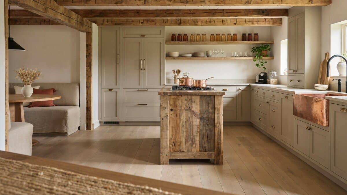 Log cabin kitchen with gray cabinets, distressed wood island, copper apron sink and wood dining nook