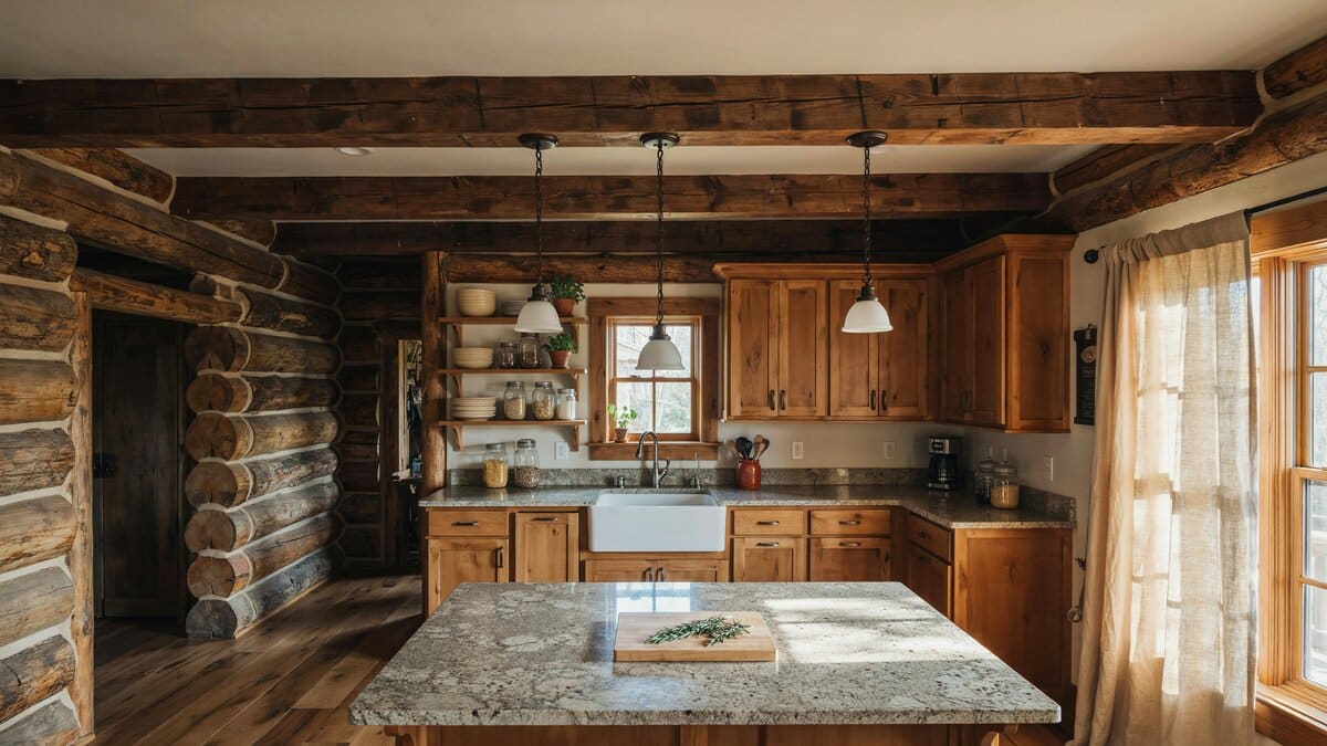 Log cabin kitchen with heavy wood ceiling beams, granite countertops and solid wood cabinets