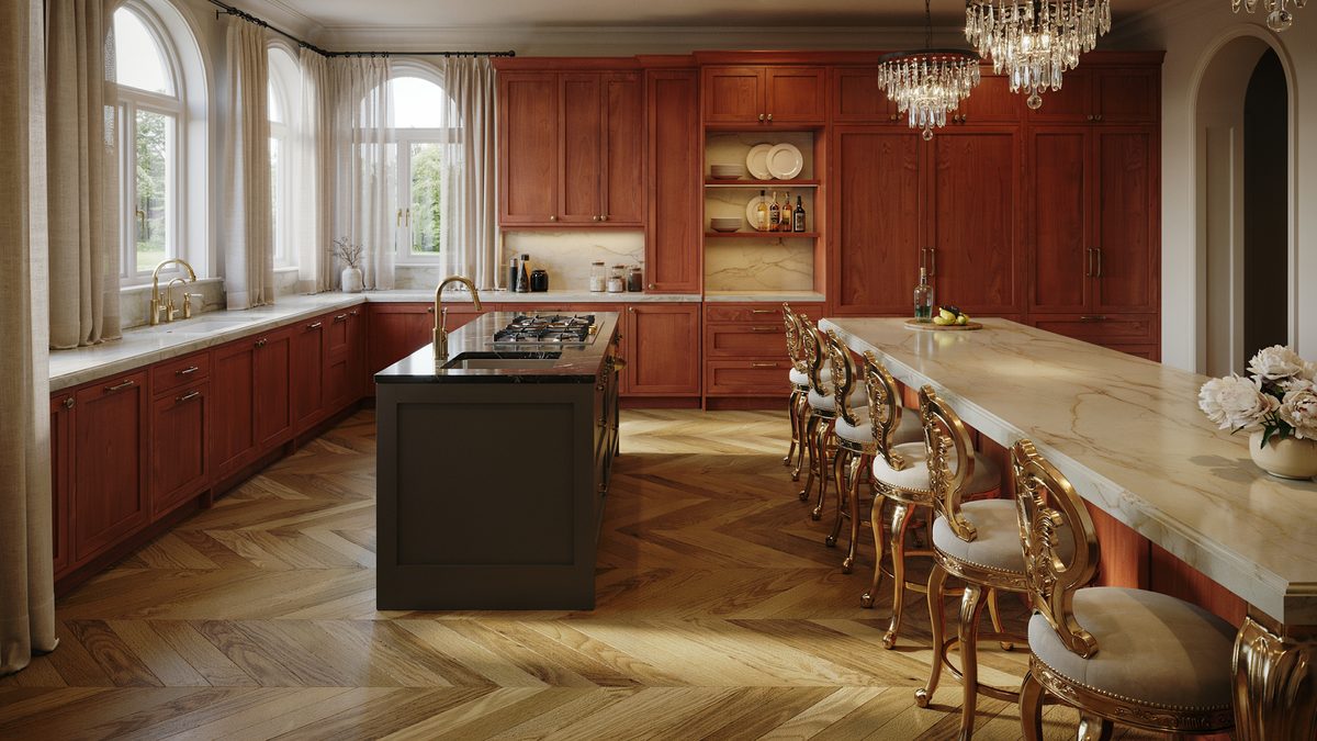Gilded stools lining a long marble bar beside a dark cooking island