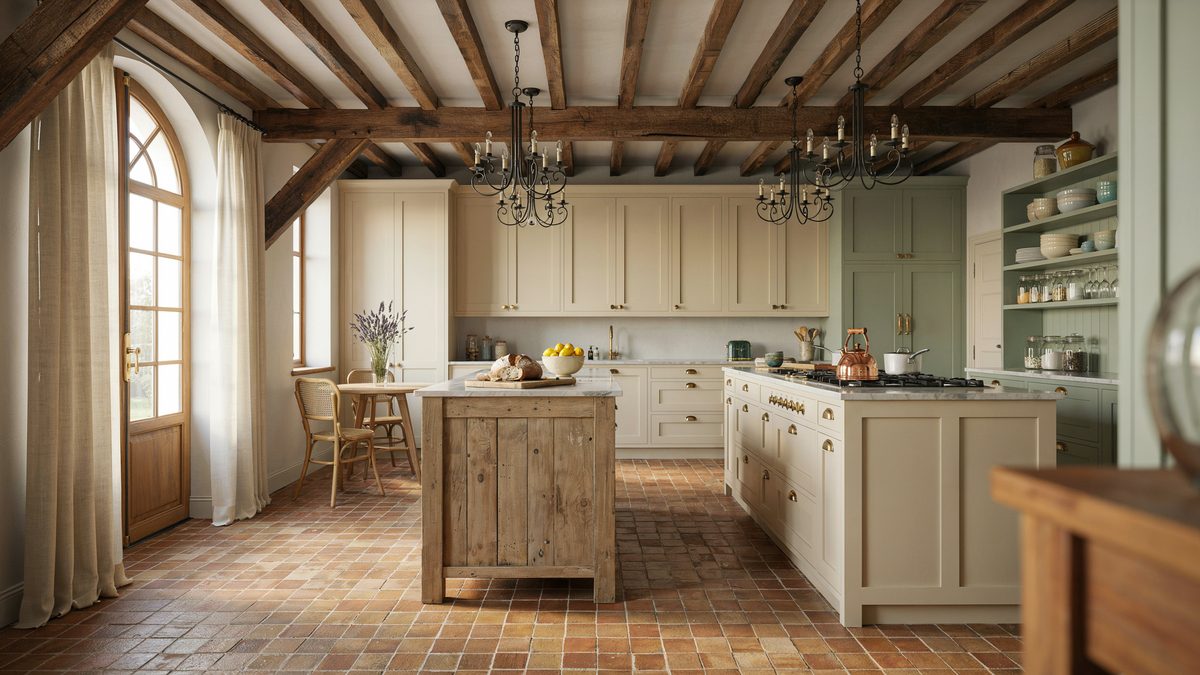 Reclaimed timber island above herringbone terracotta tile under heavy ceiling beams