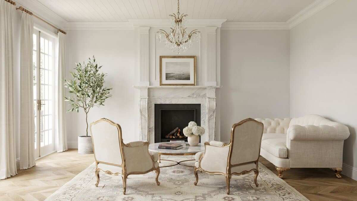 Luxury living room with Hampton design, fireplace, chandelier and Louis xvi armchairs