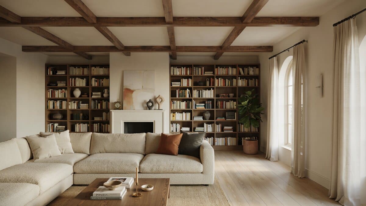 Luxury living room with large l shape sectional sofa wood floors wood beam ceiling and built in bookcase with fireplace