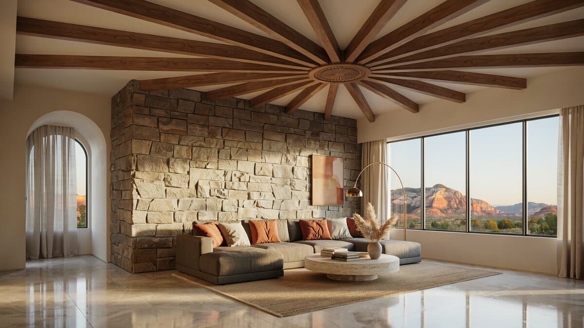 Luxury living room with large layout and spoke wood beam ceiling