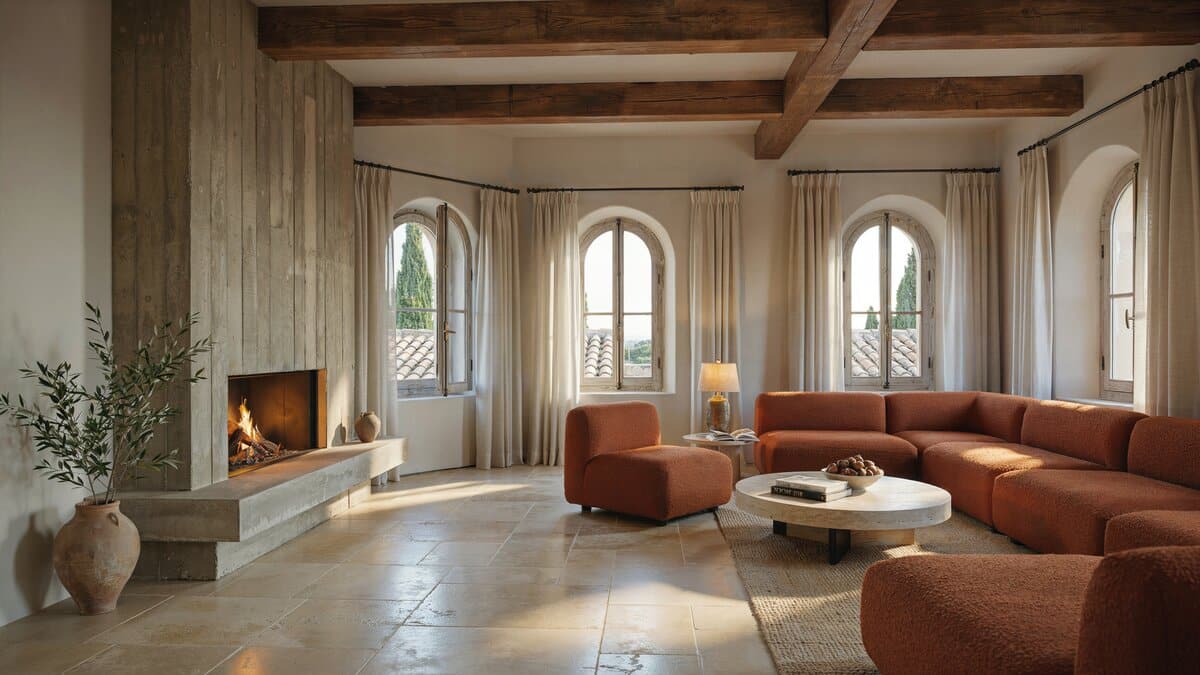 Luxury Mediterranean living room with cement fireplace, wood beam ceiling and honed travertine floors
