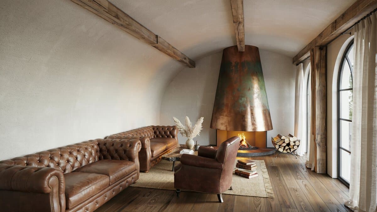 Luxury rustic living room with brown leather furniture and curved ceiling custom copper fireplace