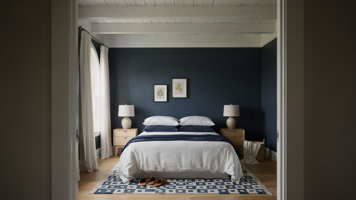 Navy walls with a white plank ceiling and blue patterned floor rug