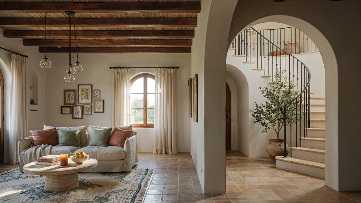 Mediterranean living room with foyer and grand wrought iron staircase