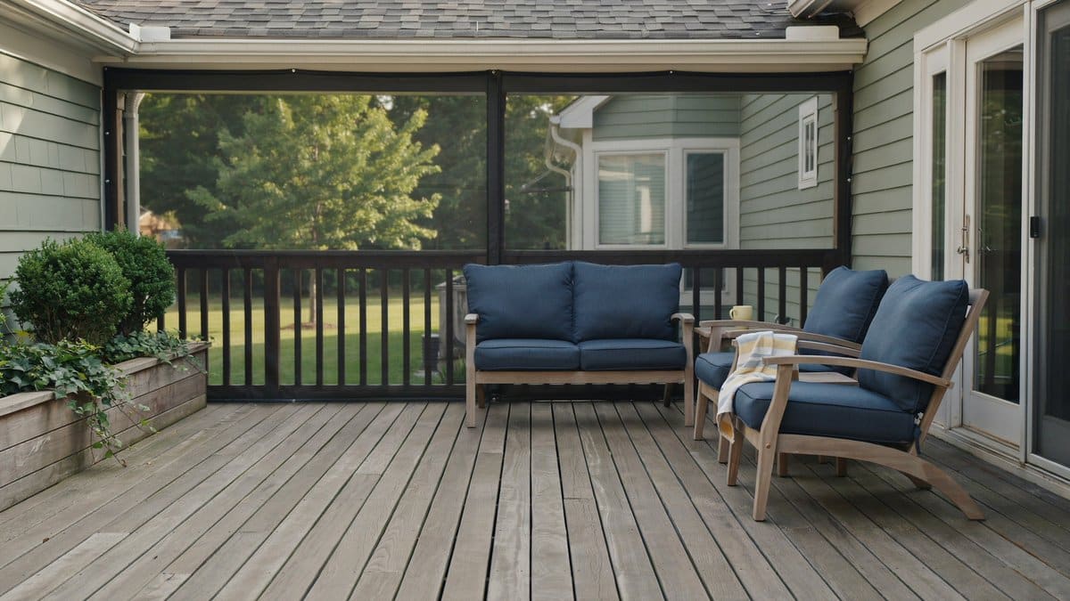 Covered deck with dark screening behind blue cushioned patio seating