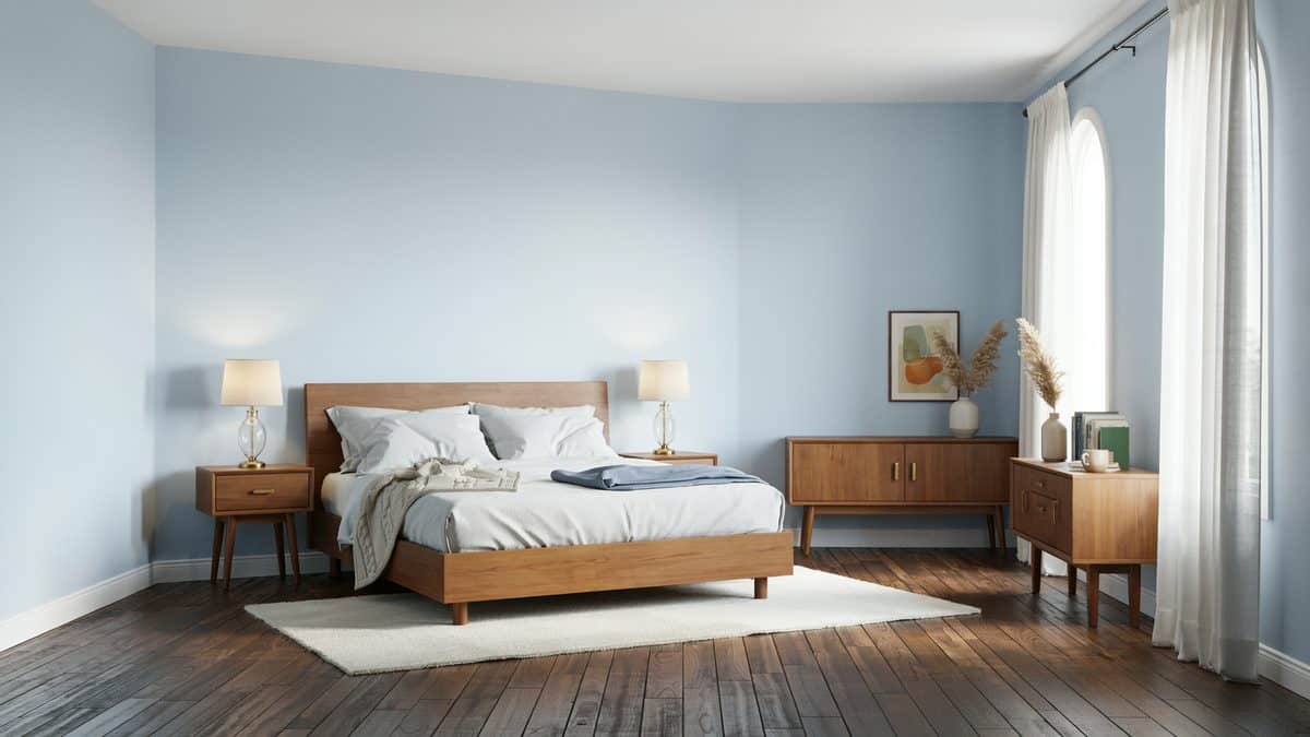 Powder blue walls with a walnut mid century bed and a white area rug
