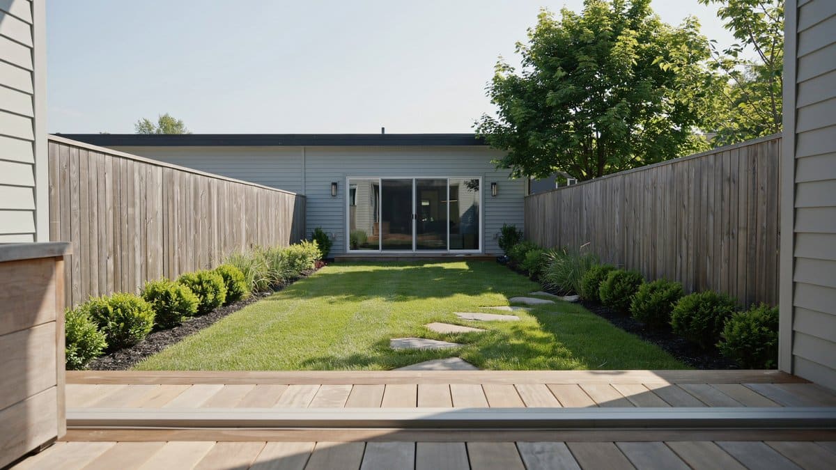 Narrow lawn framed by tall wood fencing beside a low deck
