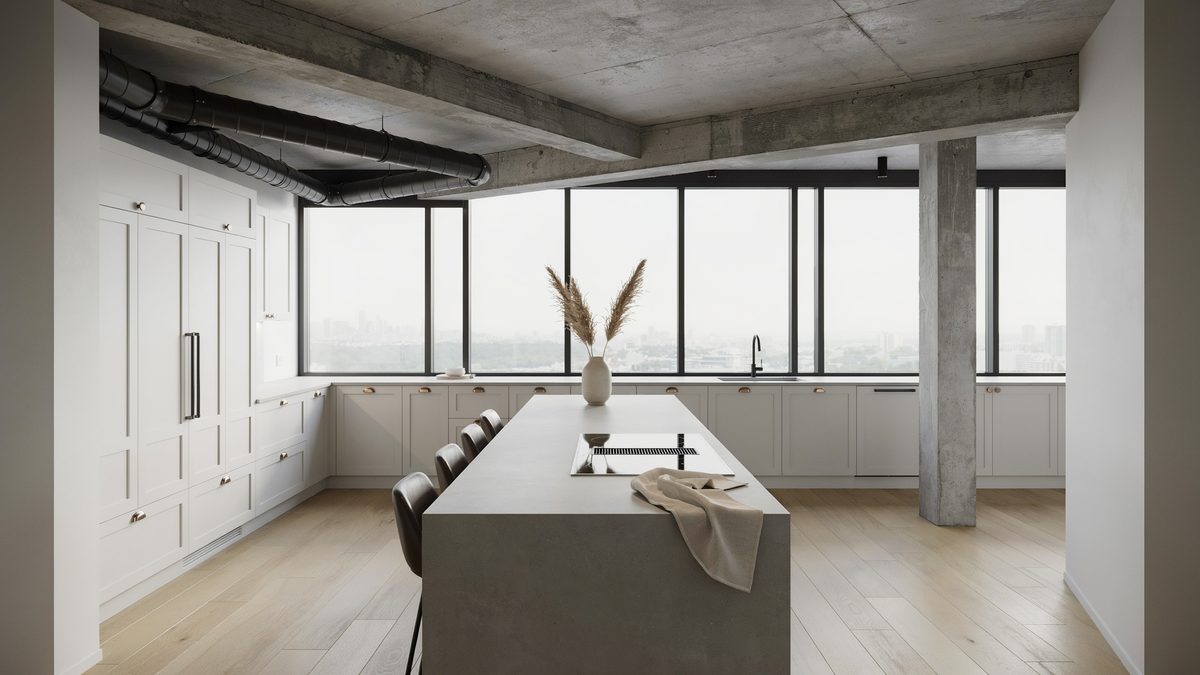 Concrete ceiling and gray island in a modern kitchen with a slim support column