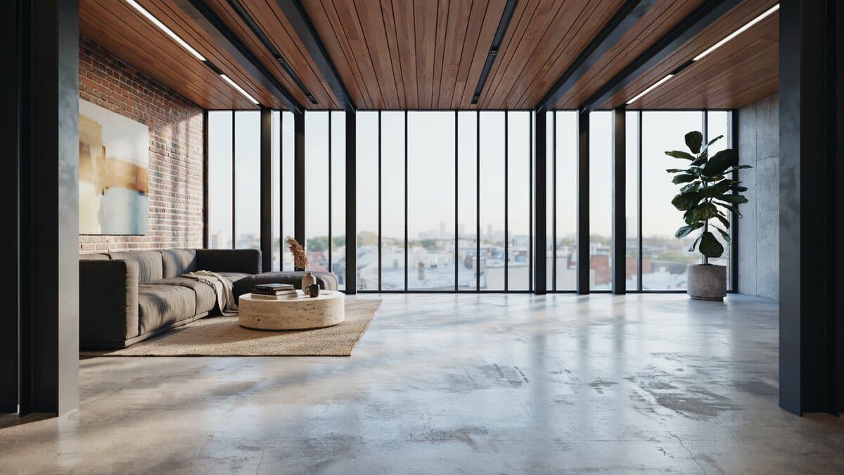 Modern living room design with concrete floors and floor to ceiling glass windows