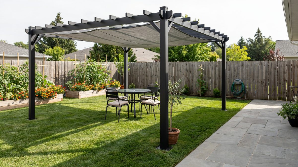 Black metal pergola kit with gray sun shade over a lawn dining set