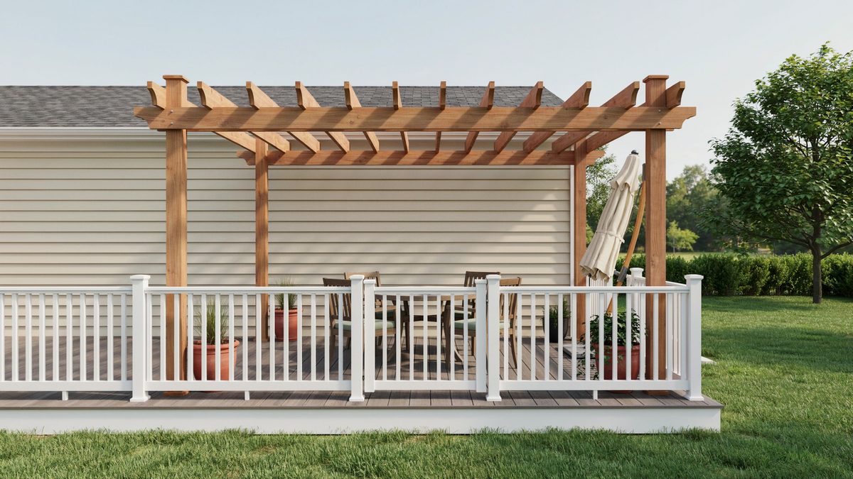 Square cedar pergola kit built over a white railed backyard deck