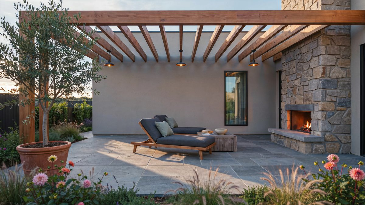 Cedar slat pergola shading a stone patio with lounger and stacked stone fireplace