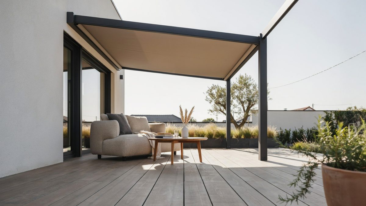 Retractable beige canopy stretched across a black frame pergola on a gray deck