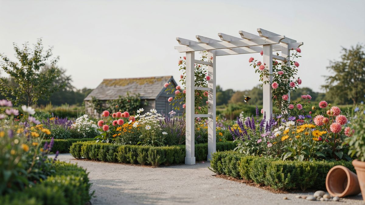 White garden pergola arch surrounded by roses, dahlias and clipped boxwood hedging