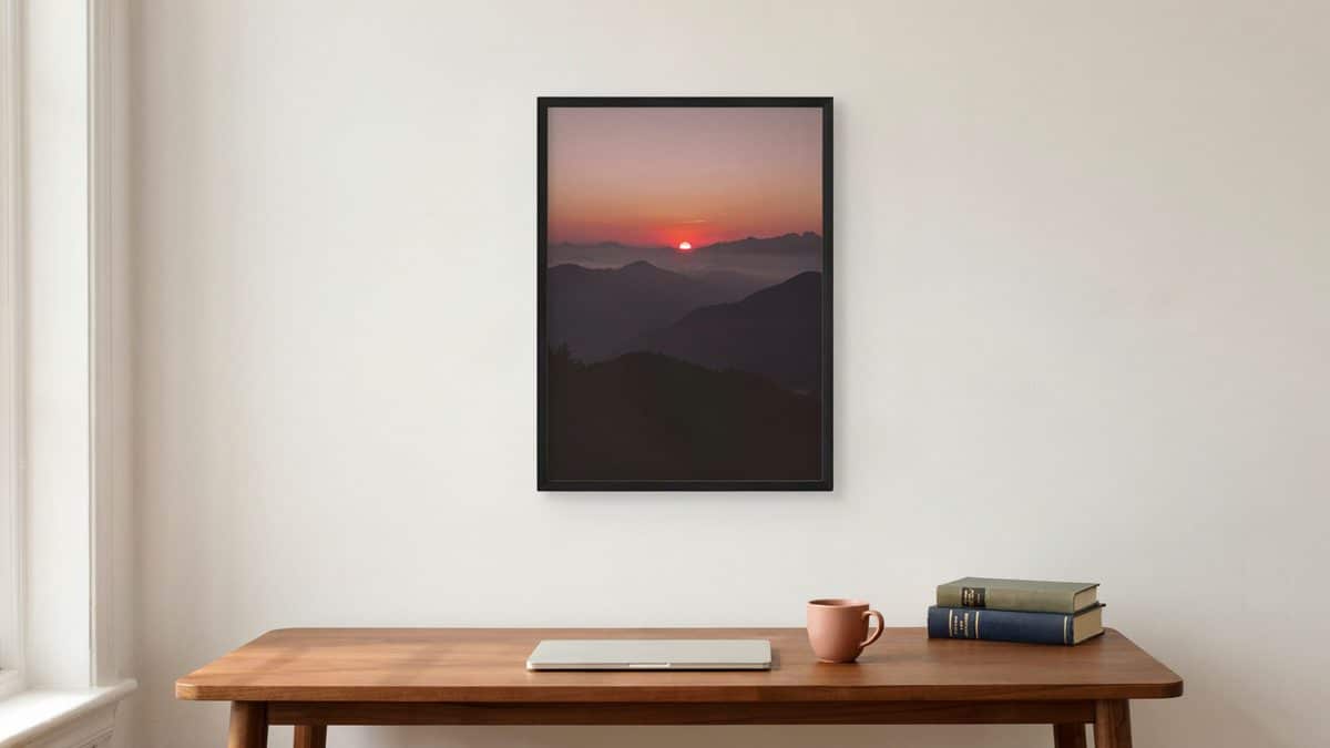 Framed mountain sunset print in warm red tones above a wood console table