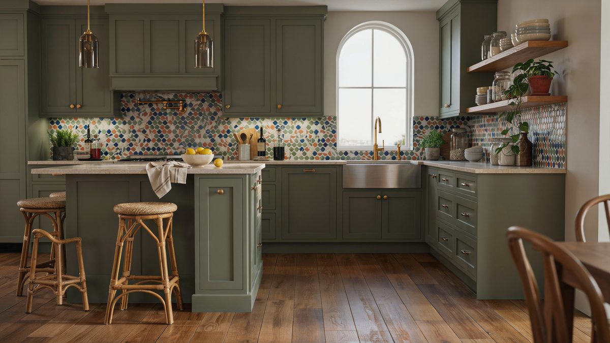 Olive cabinets behind a patterned mosaic backsplash in blue rust and cream