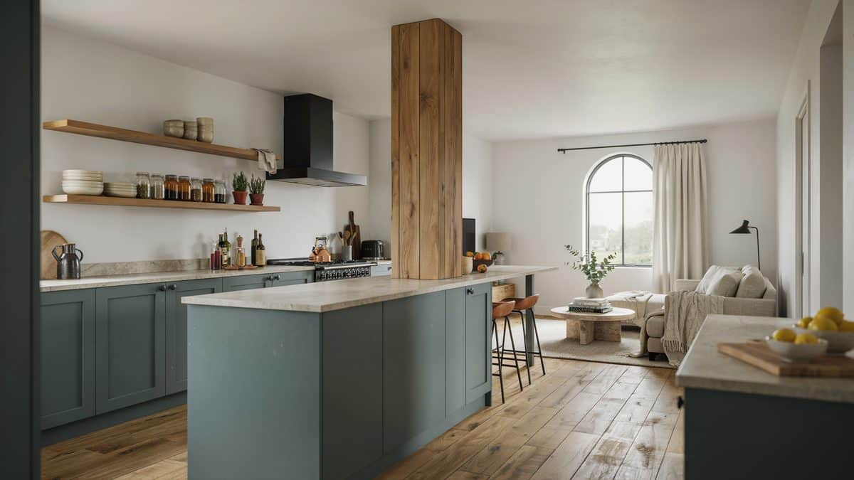 Slate green kitchen with a wood clad column rising through the island counter