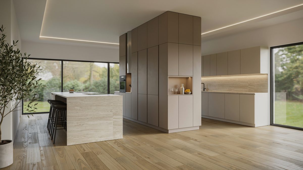 Tall greige column dividing a contemporary kitchen from a stone island seating area