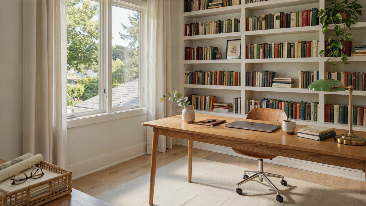 Bright office with white built in bookshelves and a wide sunny window