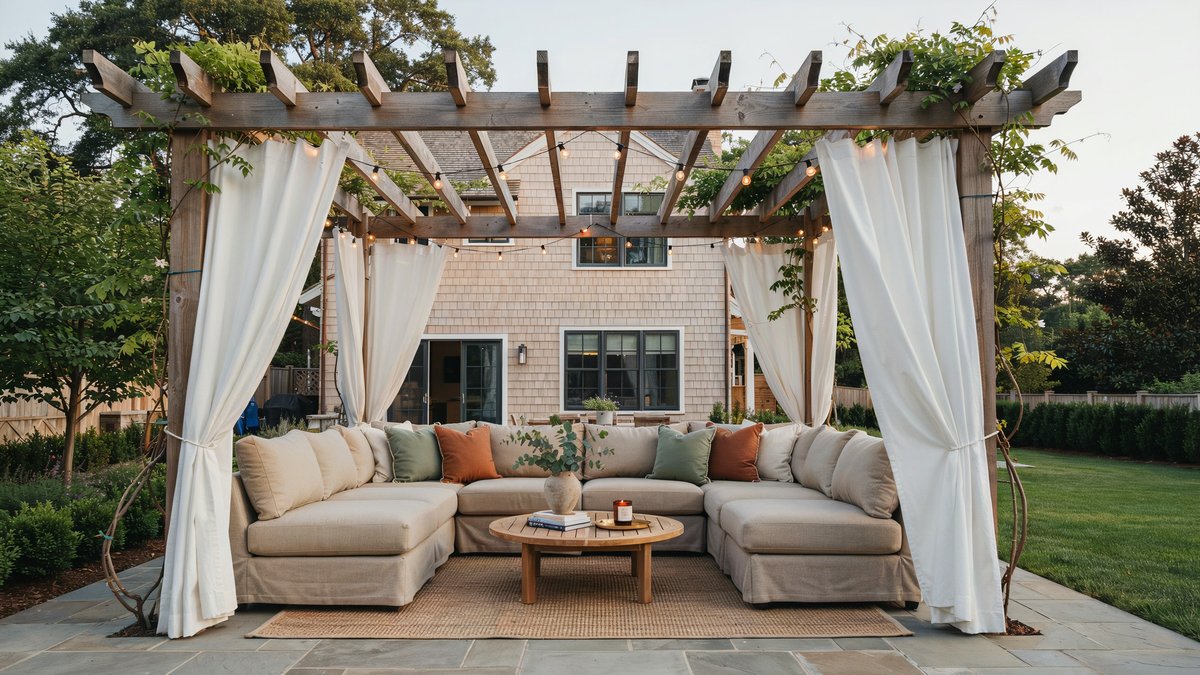 White curtains draped across a pergola over cushioned patio seating
