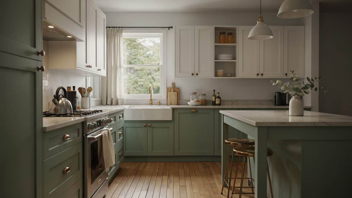 Sage green base cabinets paired with white uppers and a matching prep island