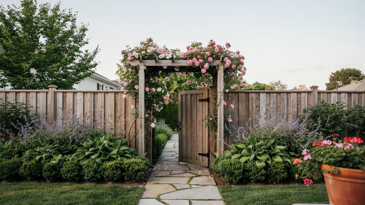 Rose covered arbor gate set into a wood garden fence