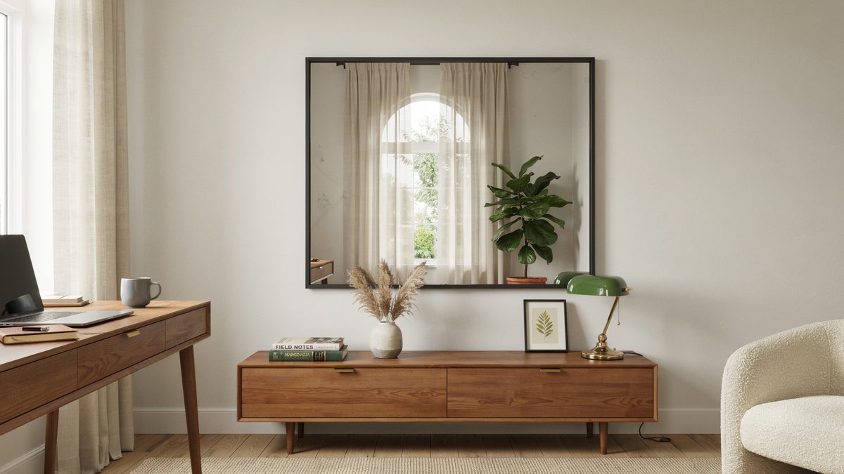 Black framed rectangular mirror above a walnut credenza reflecting an arched window