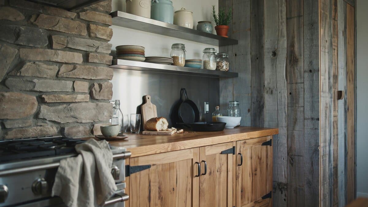 Rustic kitchen with stone wall, driftwood plank wall, weathered oak cabinets and stainless open shelves