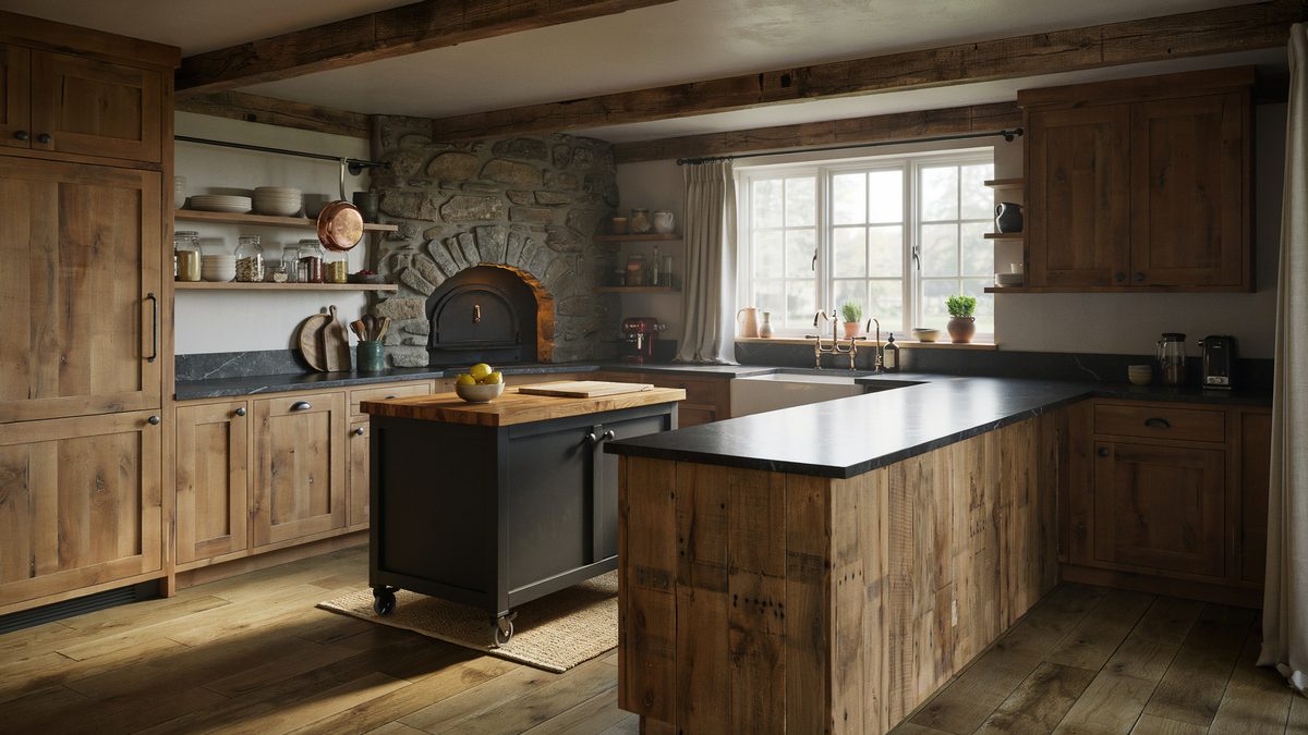 Rolling black island facing a stone arch oven and soapstone counters