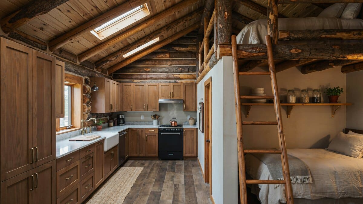 Rustic log cabin kitchen with wooden ladder to sleeping loft and skylights