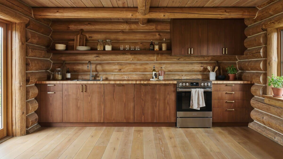Single wall log cabin kitchen with walnut cabinets and butcher block wood countertop
