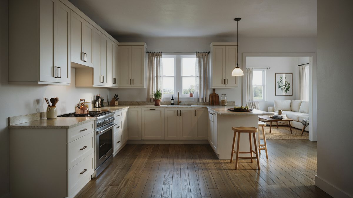 Greige U shaped cabinets open past a stool lined counter to a small sitting area