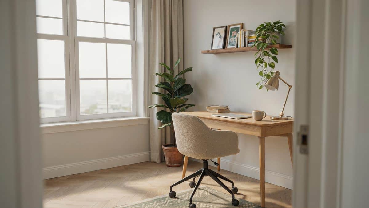 Compact corner desk beside a tall window with a potted plant nearby