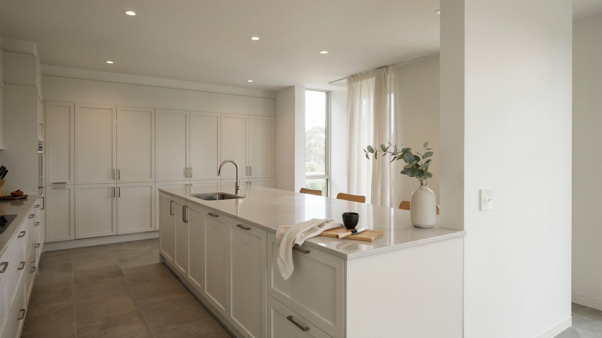 Small pale kitchen with a boxed drywall wall framing the island and sink