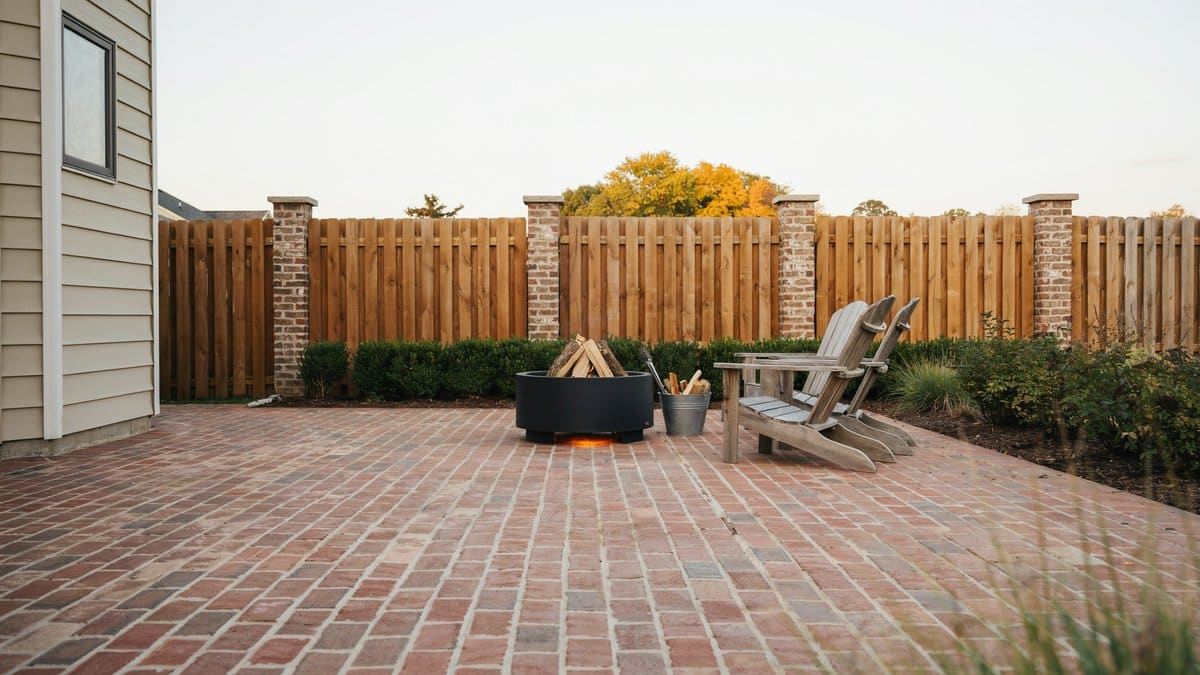 Brick paver patio with fire pit enclosed by tall stockade fence