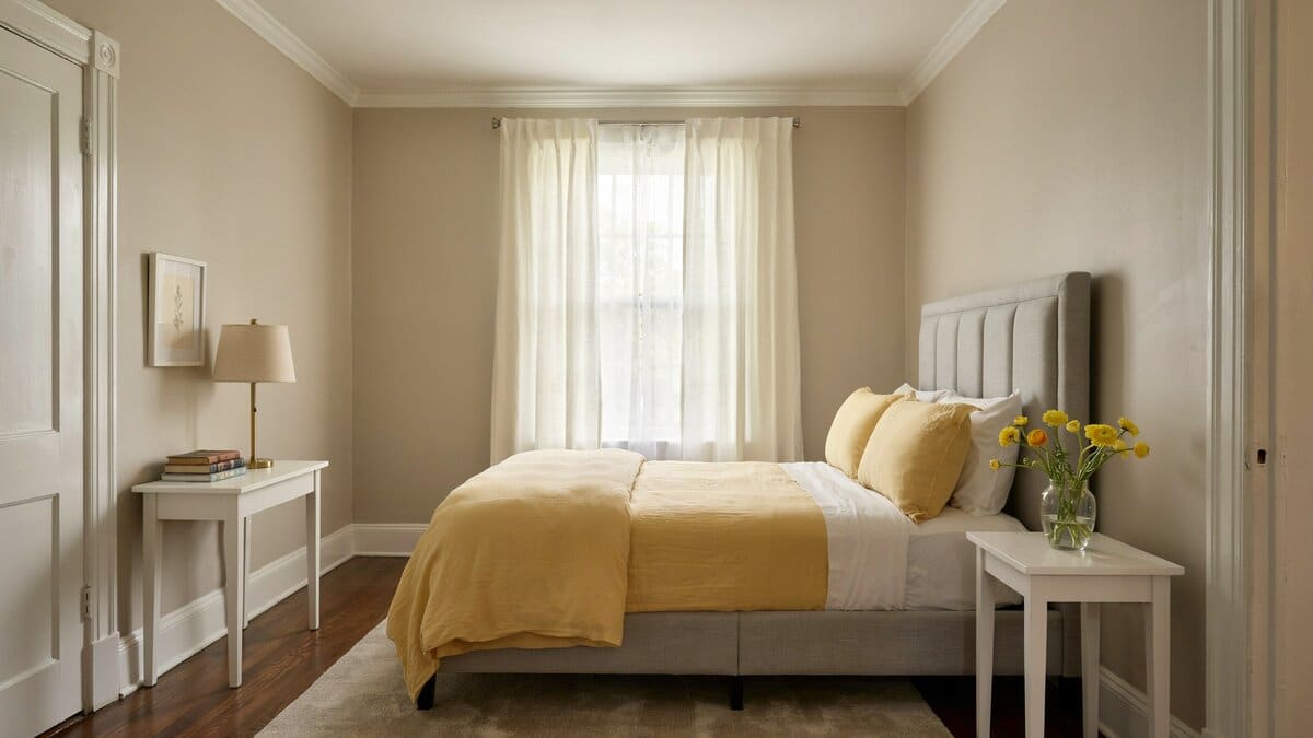 Fresh yellow blooms sit beside a bed layered in mustard bedding and pillows